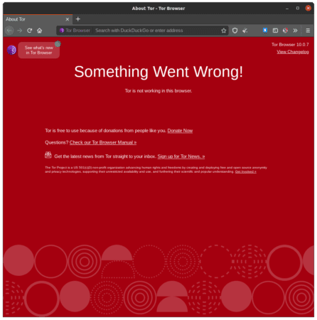 Screenshot of the Tor Browser displaying "Something Went Wrong"
