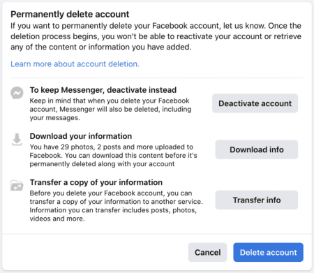 Página para excluir conta do Facebook.