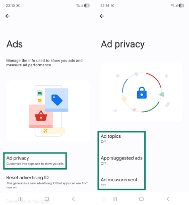 Two Android screenshots side by side showing the "Ads" and "Ad privacy" pages. The "Ad privacy" and "Ad topics," "App-suggested ads," and "Ad measurement" options are highlighted.