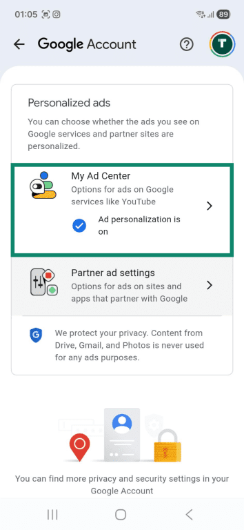 The "Activity controls" page on an Android phone. The "My Ad Center" button in the "Personalized ads" section is highlighted.
