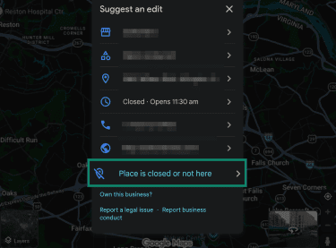 Editing a business location on Google Maps.