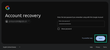 Confirming recovery through last Gmail account password.
