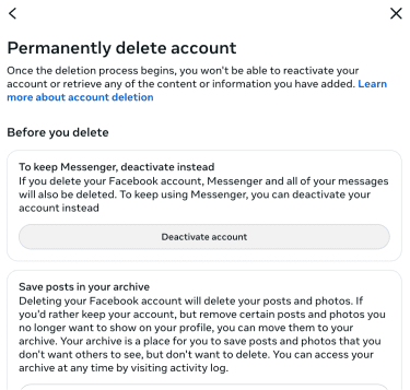 Facebook's Permanently delete account window.