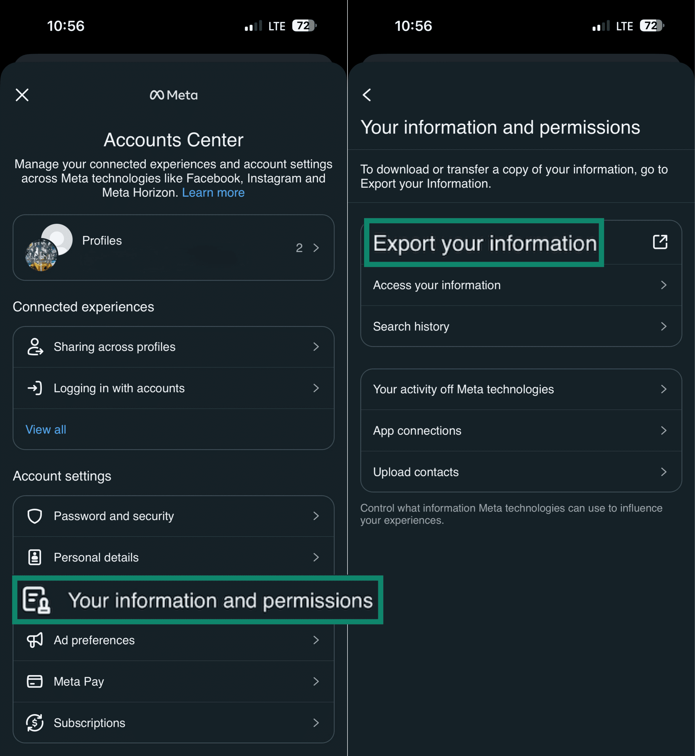 Export your information tool in Messenger's settings.