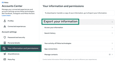 Export your information tool on a Facebook account accessed through the website.