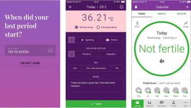 Three screenshots of the Natural Cycles app showing the period start entry screen, body temperature and symptom tracking options, and a daily view indicating fertility status.