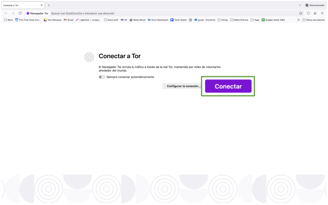 Ventana del navegador Tor con el botón de Conectar resaltado.