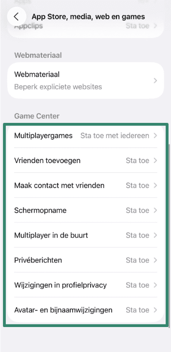 Game Center restrictions in Screen Time settings.