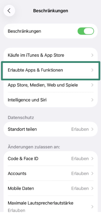 Allowed Apps & Features menu in parental controls.