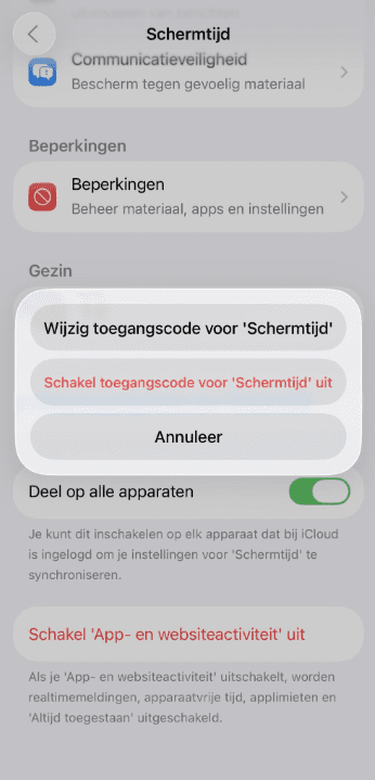 Options to change or turn off Screen Time passcode on iPhone.