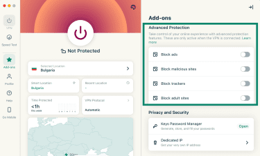 ExpressVPN macOS app with the Advanced Protection options highlighted in the Add-ons section.