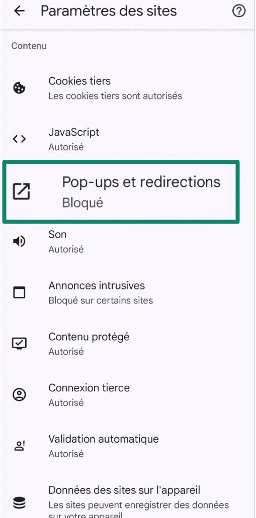 Chrome settings showing Pop-ups and redirects option.