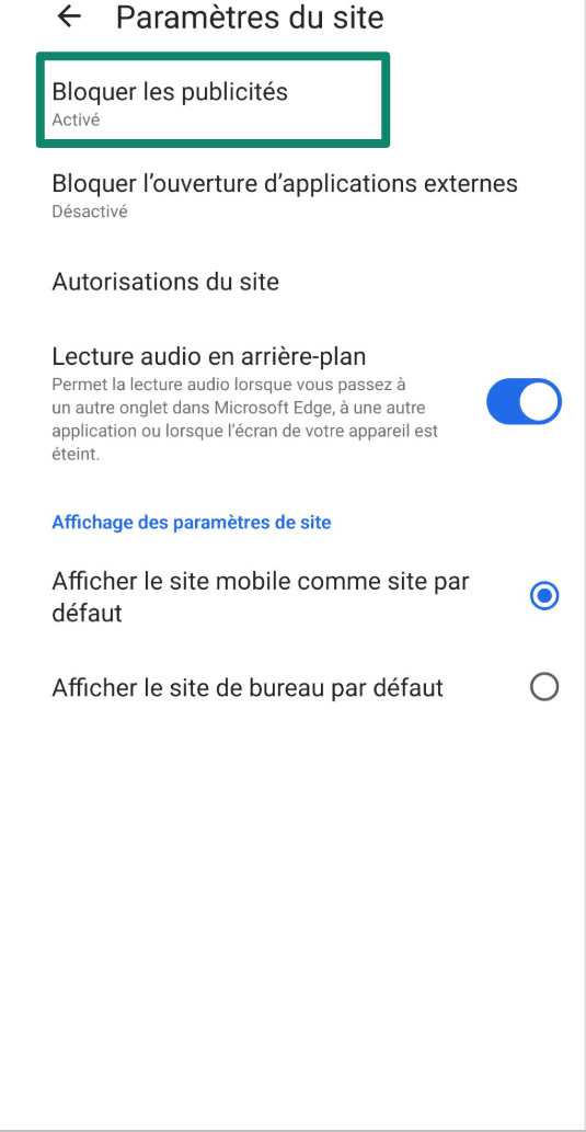 Edge site settings screen with the Block ads option toggled on.
