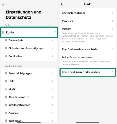 Screenshot showing how to access the Account menu in TikTok's settings (left) and deactivate or delete your account in the Account menu (right)