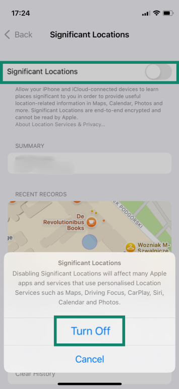The Significant Locations page of an iPhone, with the Turn Off button highlighted.