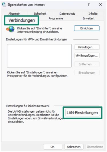 The Windows Internet Properties menu with Connections and LAN settings highlighted