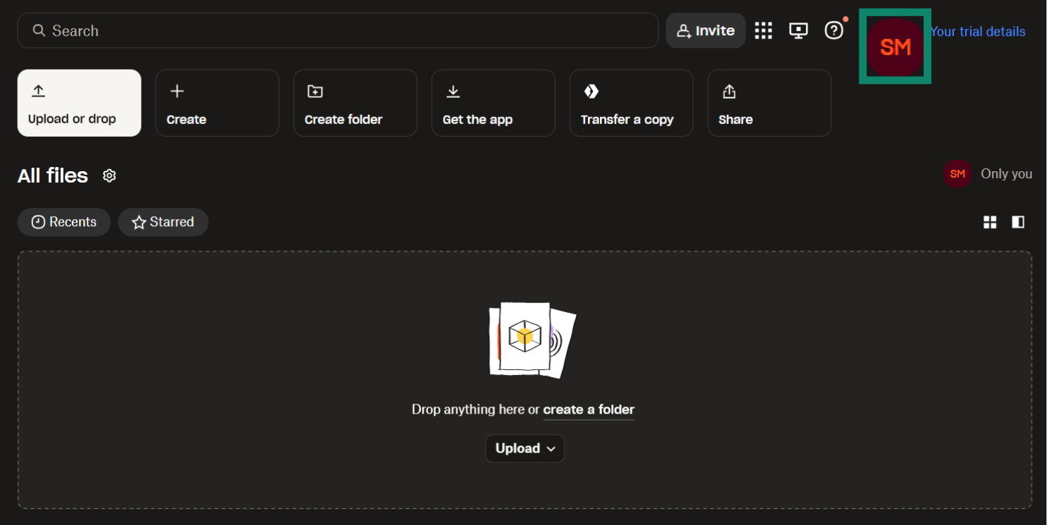 Dropbox home page highlighting the user avatar