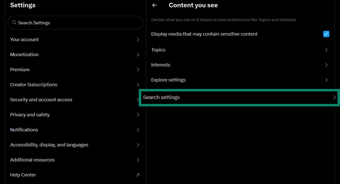 The Content you see menu of the Twitter settings, showing the Search settings option.