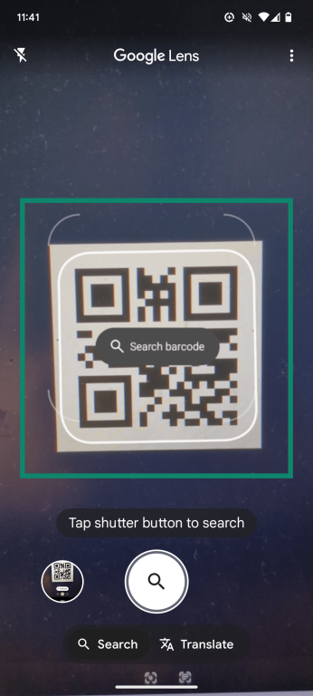 An Android smartphone screenshot, showing the Google Lens app being used to scan a QR code.