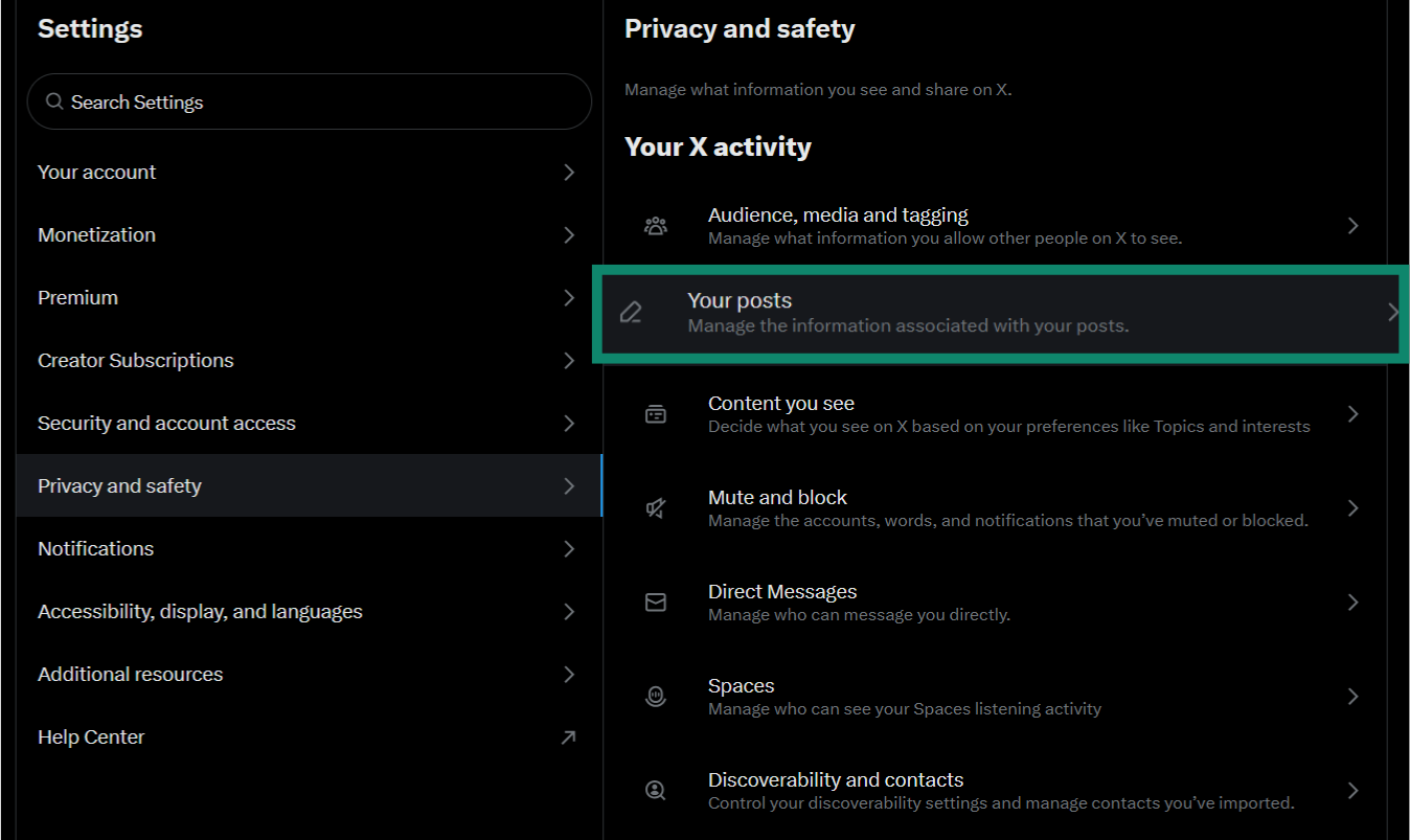 The Privacy and safety page of the Twitter settings, showing the Your posts option.