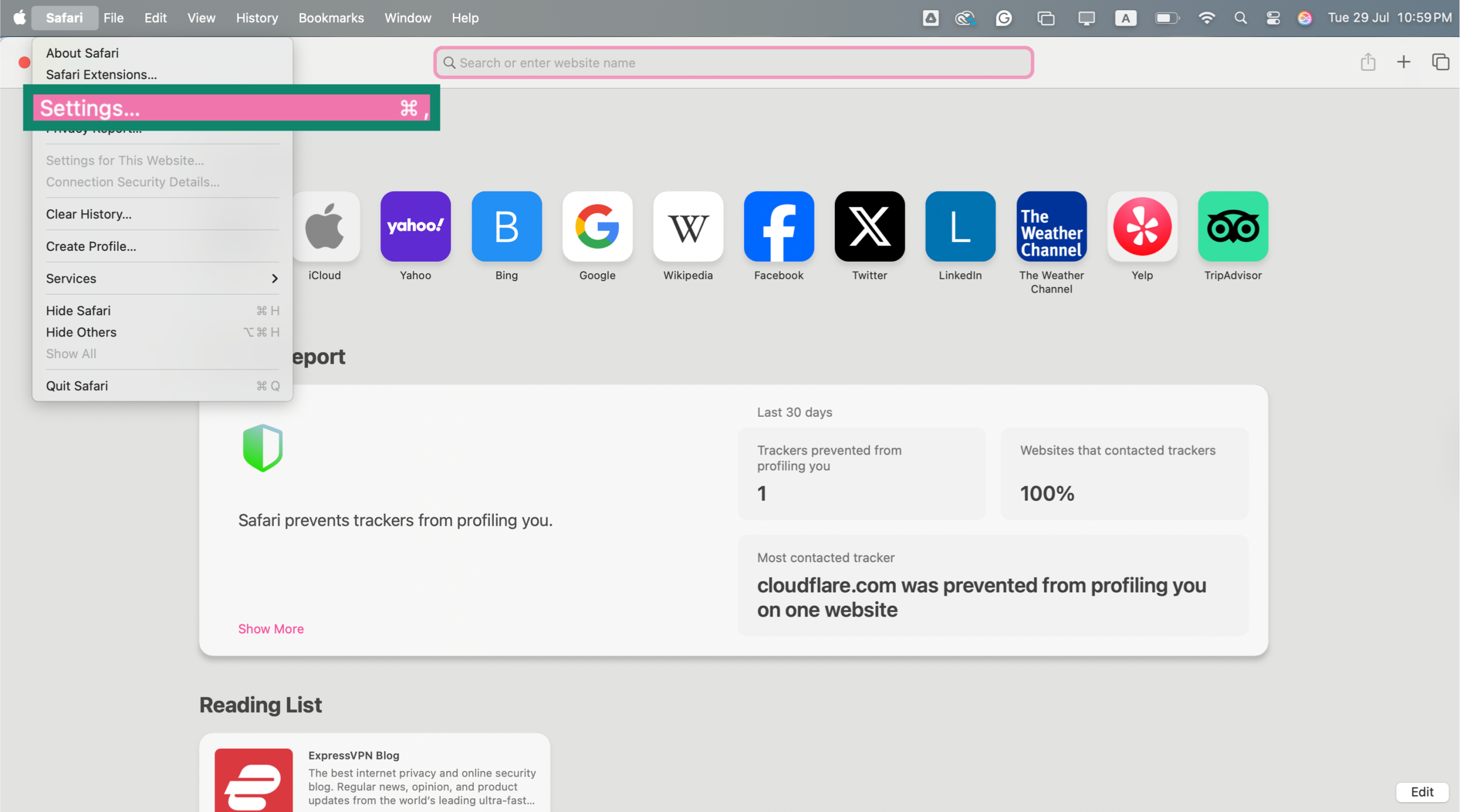 Safri Settings in the top bar menu.