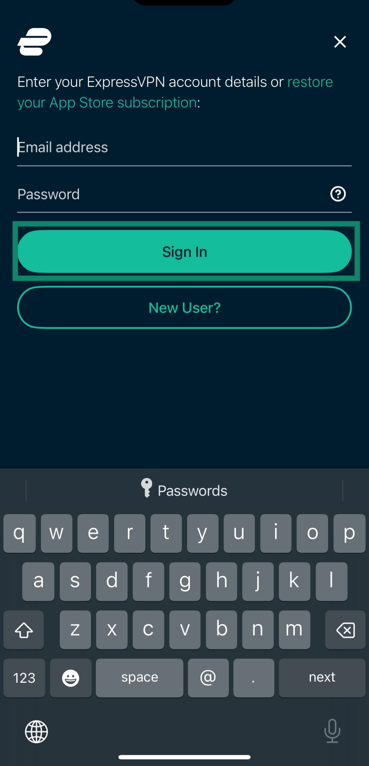 Logging into ExpressVPN using email address and password