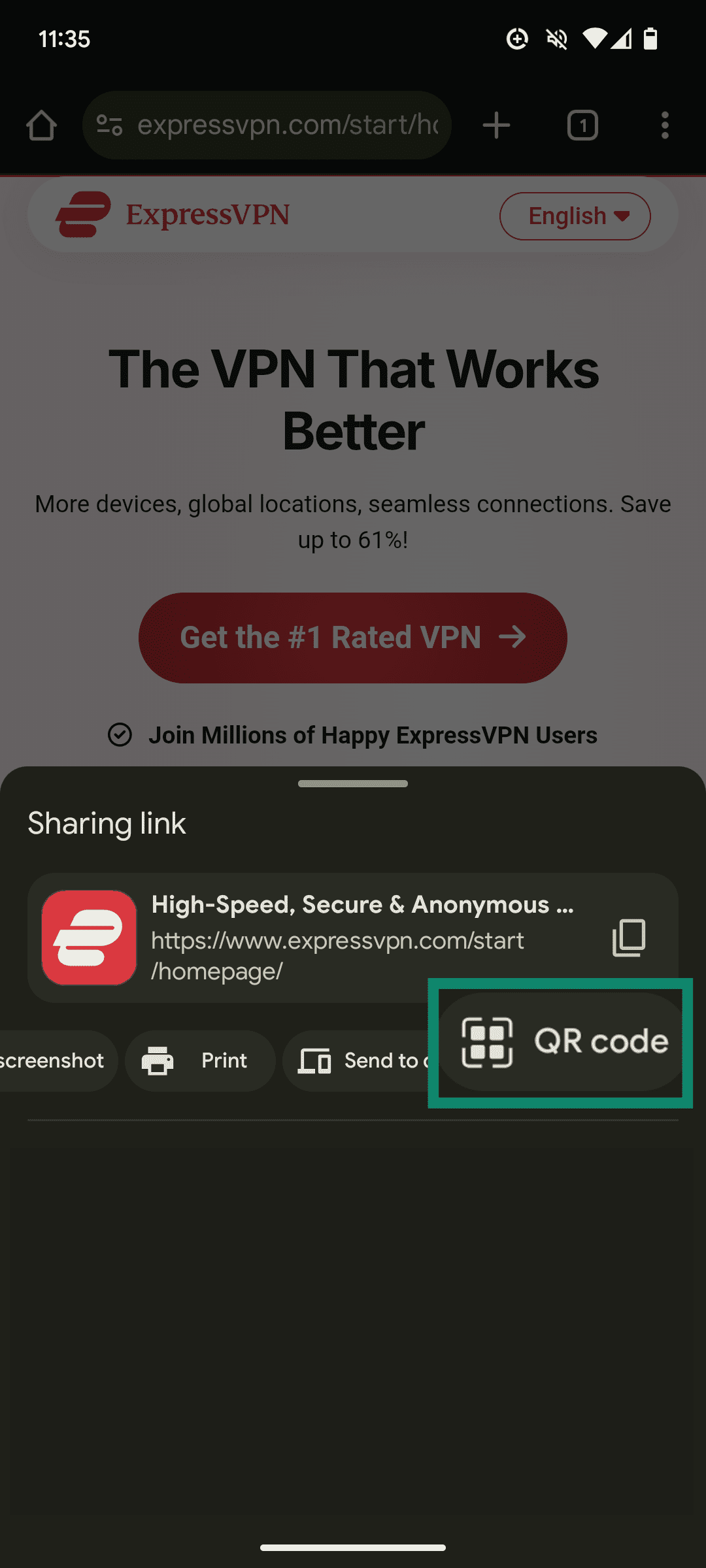 An Android smartphone screenshot, showing the QR code option in the Share menu of the Google Chrome mobile app.
