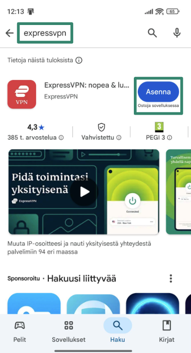 Installing ExpressVPN through the Google Play Store.