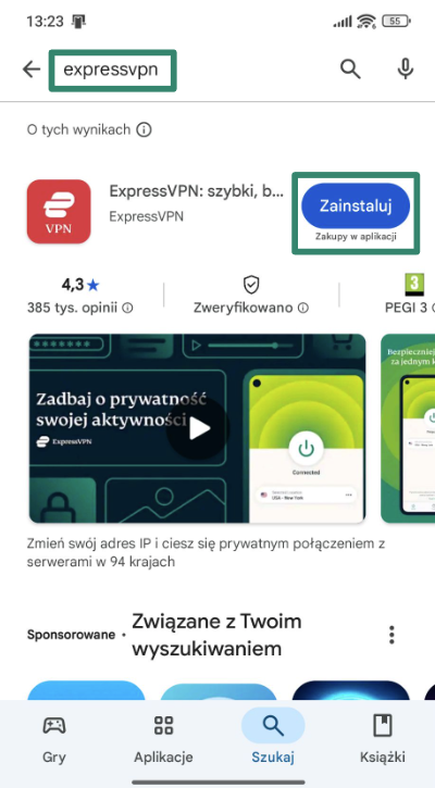 Installing ExpressVPN through the Google Play Store.
