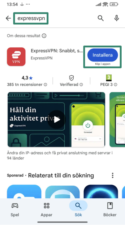 Installing ExpressVPN through the Google Play Store.