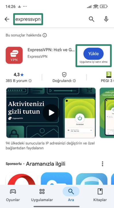 Installing ExpressVPN through the Google Play Store.