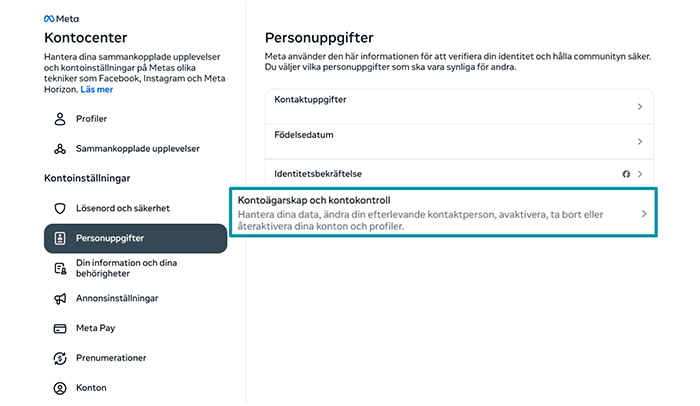Facebook Accounts Centre Personal details tab with Account ownership and control highlighted.