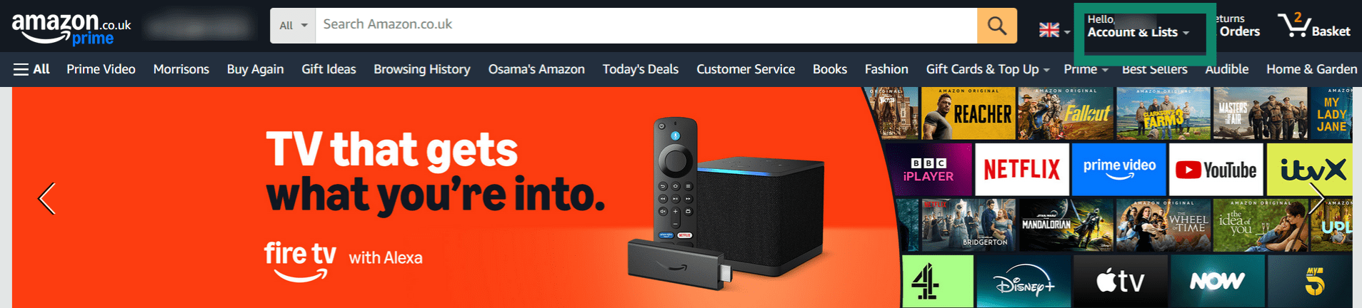 Accessing the Account & Lists dropdown menu on the Amazon website.