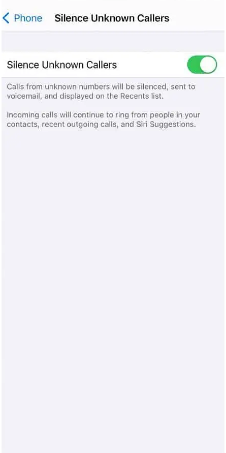 The “Silence Unknown Callers” toggle switch is on in iPhone settings.