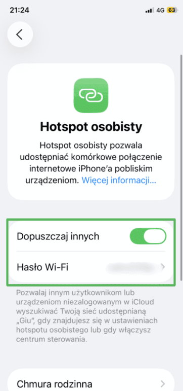 iPhone Personal Hotspot settings with Allow Others to Join and Wi-Fi Password highlighted.