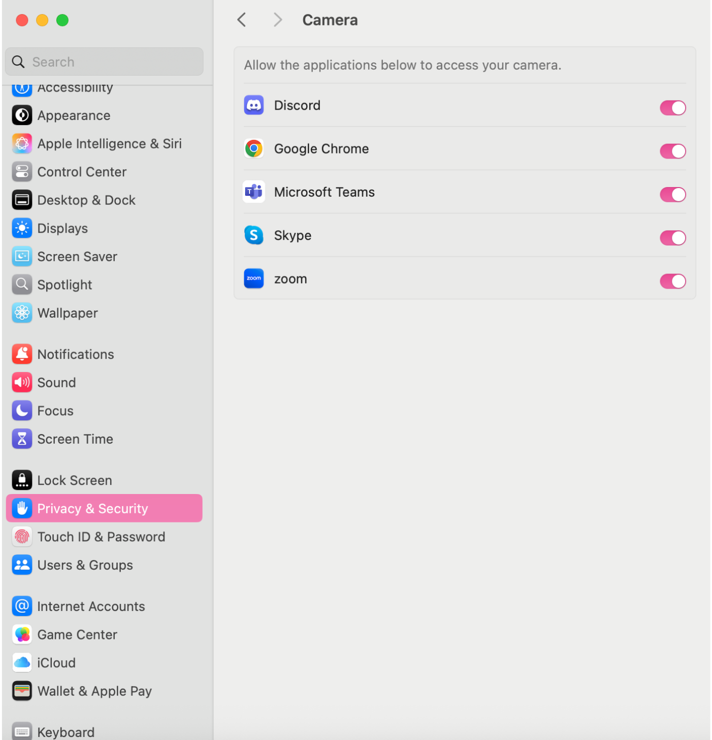 Camera access list showing apps with permission toggled on in macOS.