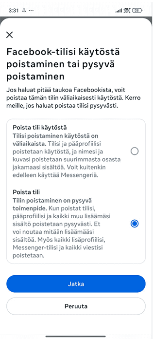 Facebook Android app selection screen for deactivating or deleting your Facebook account.