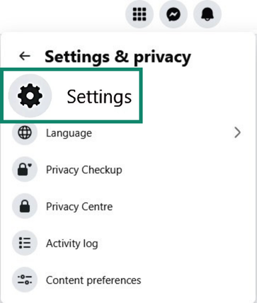 Facebook Settings & Privacy with Settings highlighted.