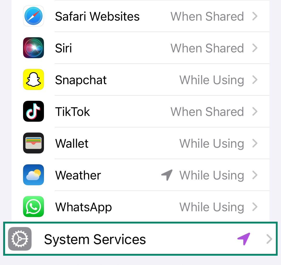 Screenshot of System Services being selected and highlighted under the Location services menu.