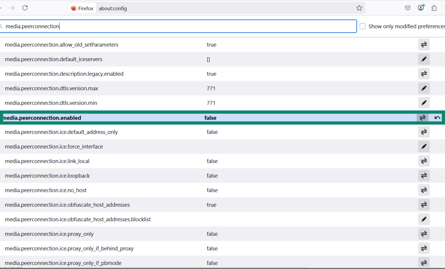 The Firefox about:config menu with media.peerconnection.enabled highlighted.
