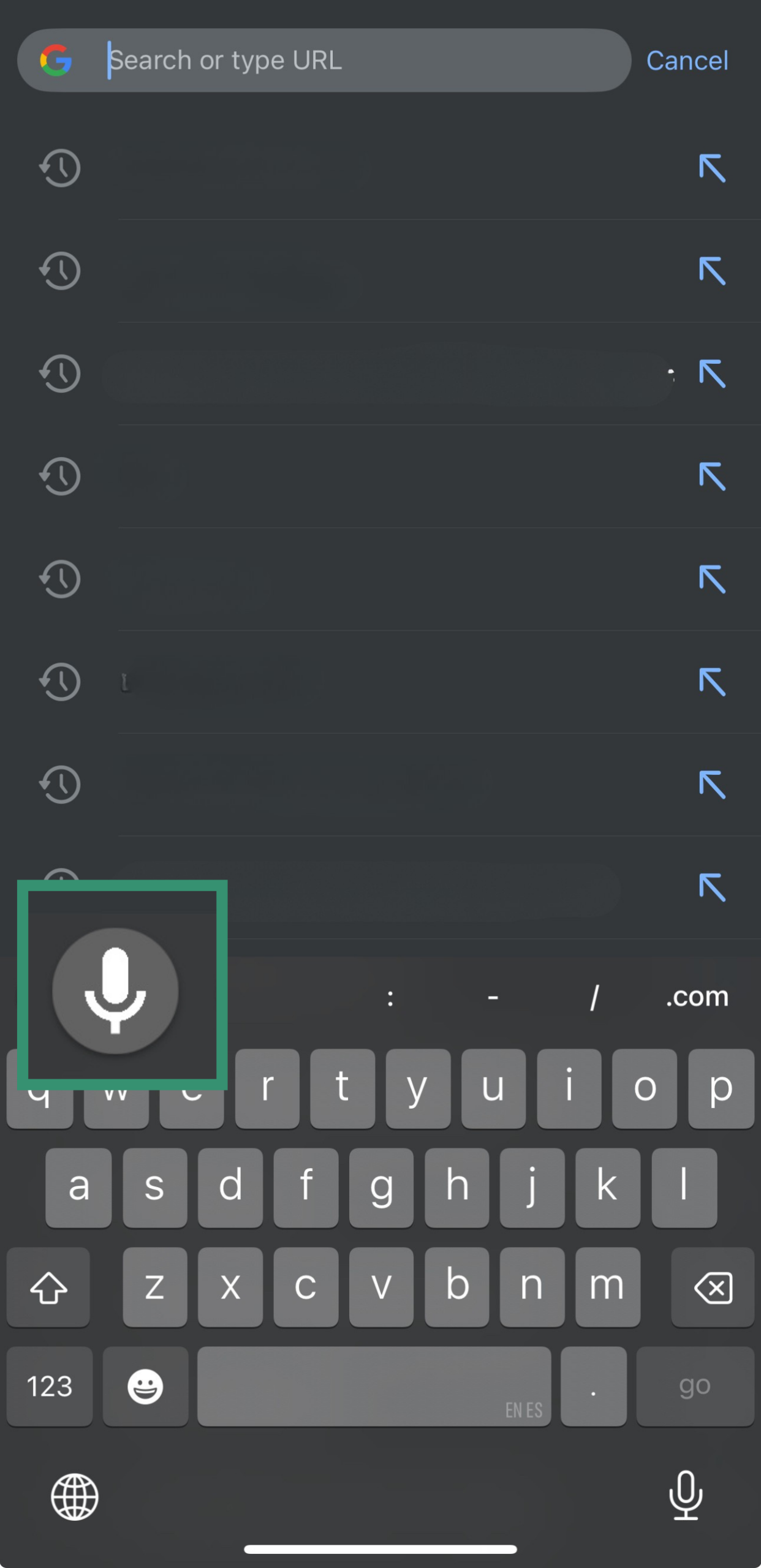 Chrome on iPhone showing the keyboard’s microphone icon for voice dictation.