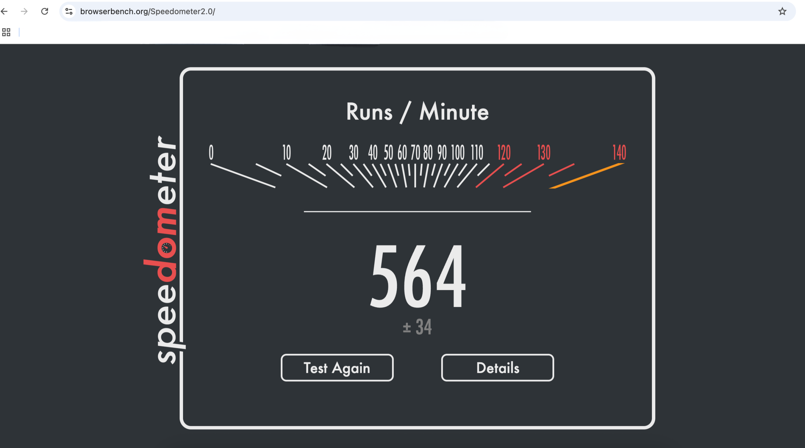 Speedometer 2.0 benchmark result showing Chrome browser performance score.