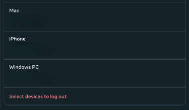 Facebook active sessions page with option to bulk select devices to log out visible.