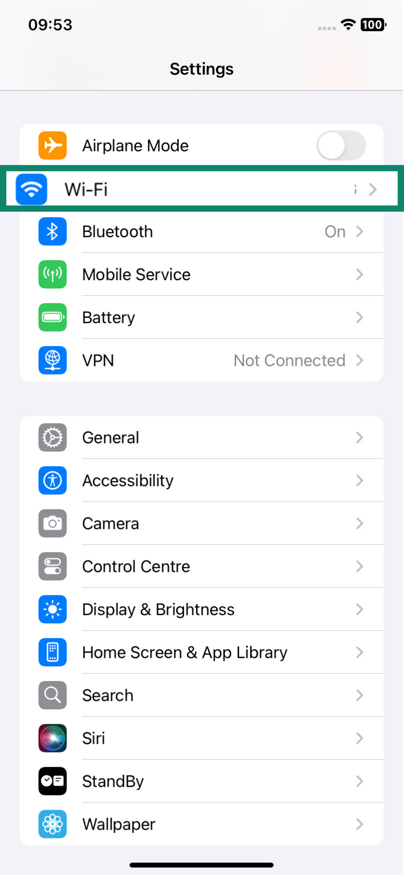 The Settings page of an iOS device, showing the Wi-Fi option.