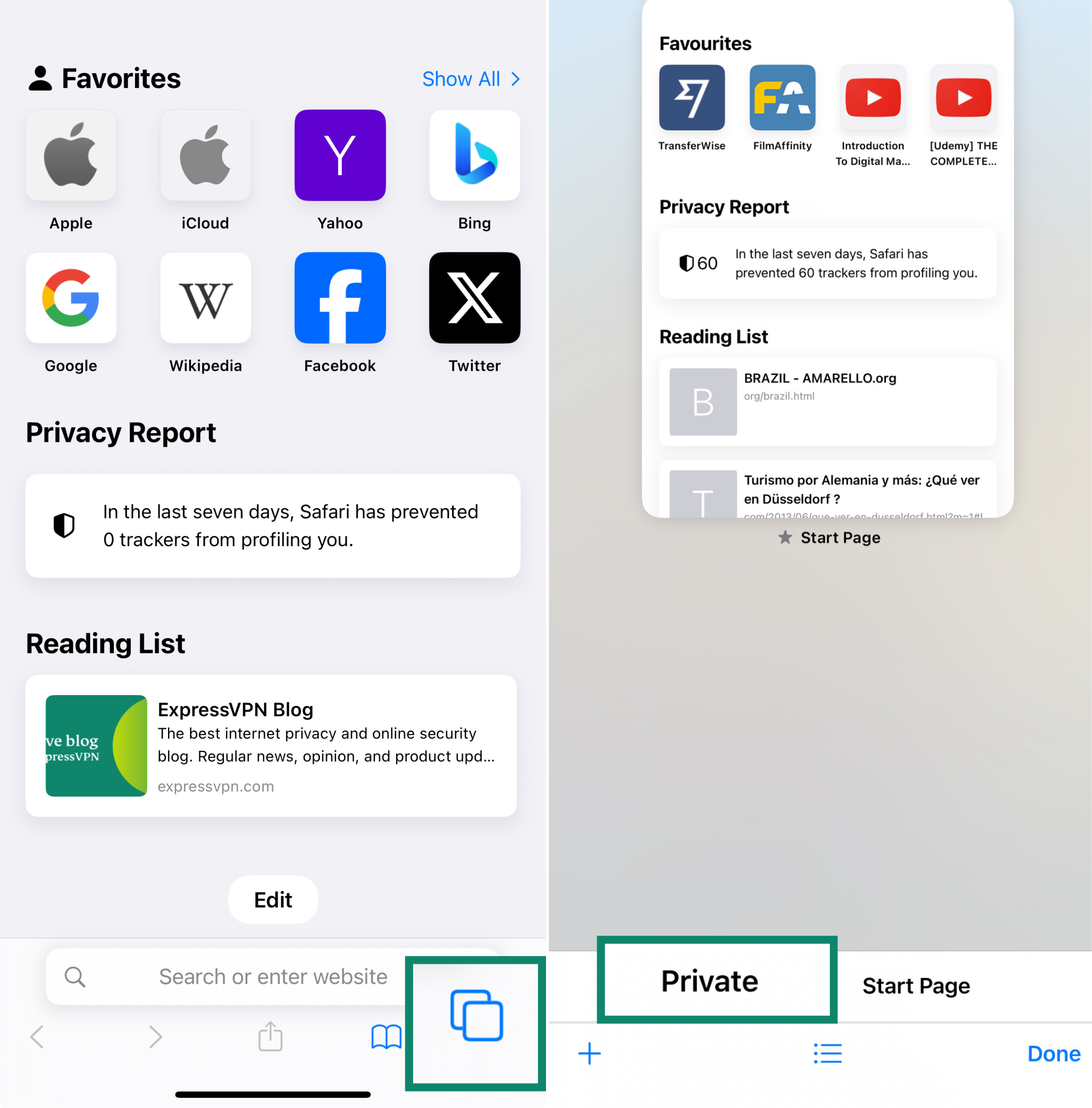 Two side-by-side screenshots of the Safari app on iPhone. The left screenshot highlights the tab icon—two overlapping squares in the bottom-right corner. The right screenshot shows the “Private” tab selected for private browsing.