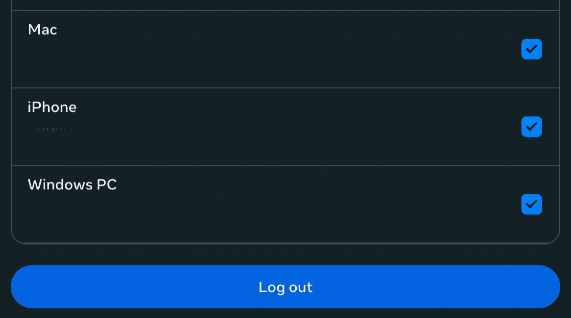 Facebook logged in devices selection screen.