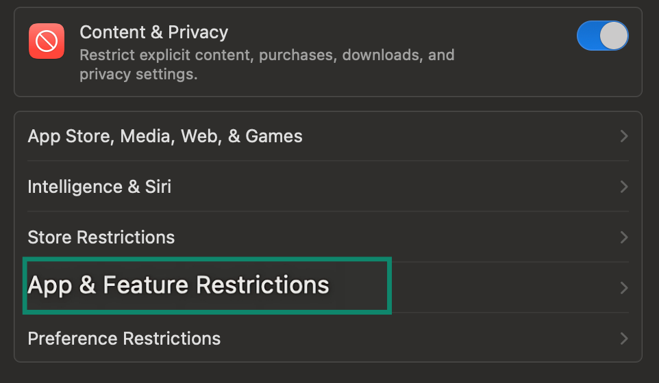 Image showing Mac App & Feature restrictions.