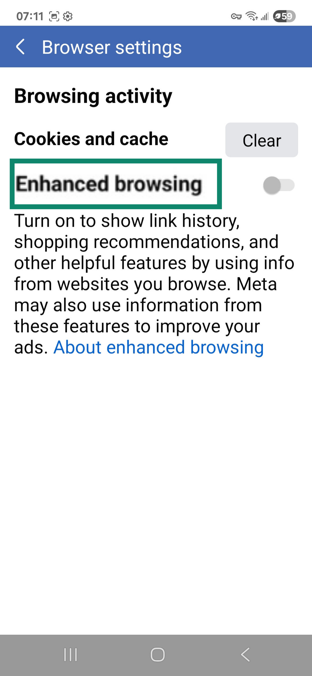 Facebook mobile app Browser settings with the Enhanced browsing toggle highlighted.
