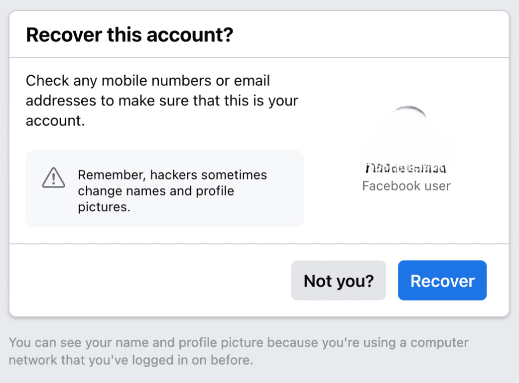 Facebook confirming which hacked account to recover
