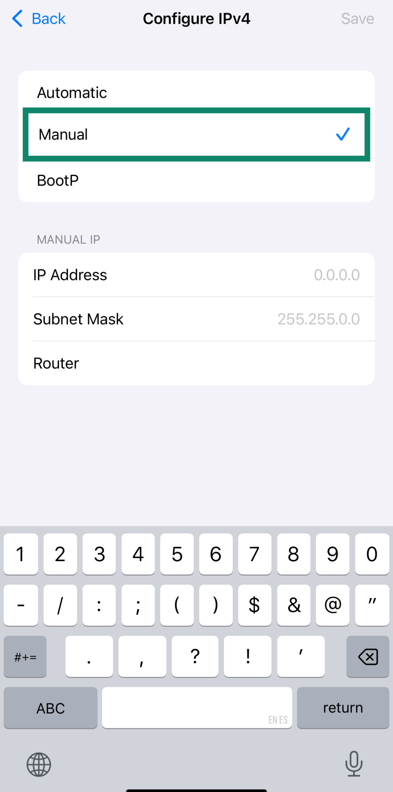 Configure IPv4 settings manually on iOS.